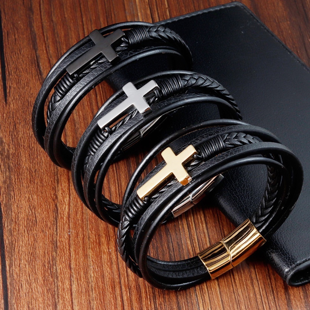 enuine Leather Mens Bracelet 21cm Steel Clasp